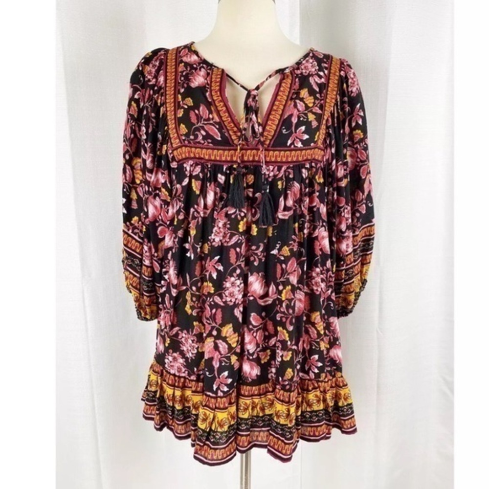 New Rachel Zoe Boho Peasant Floral Tunic Top Ballon Sleeve Orange Brown Size M